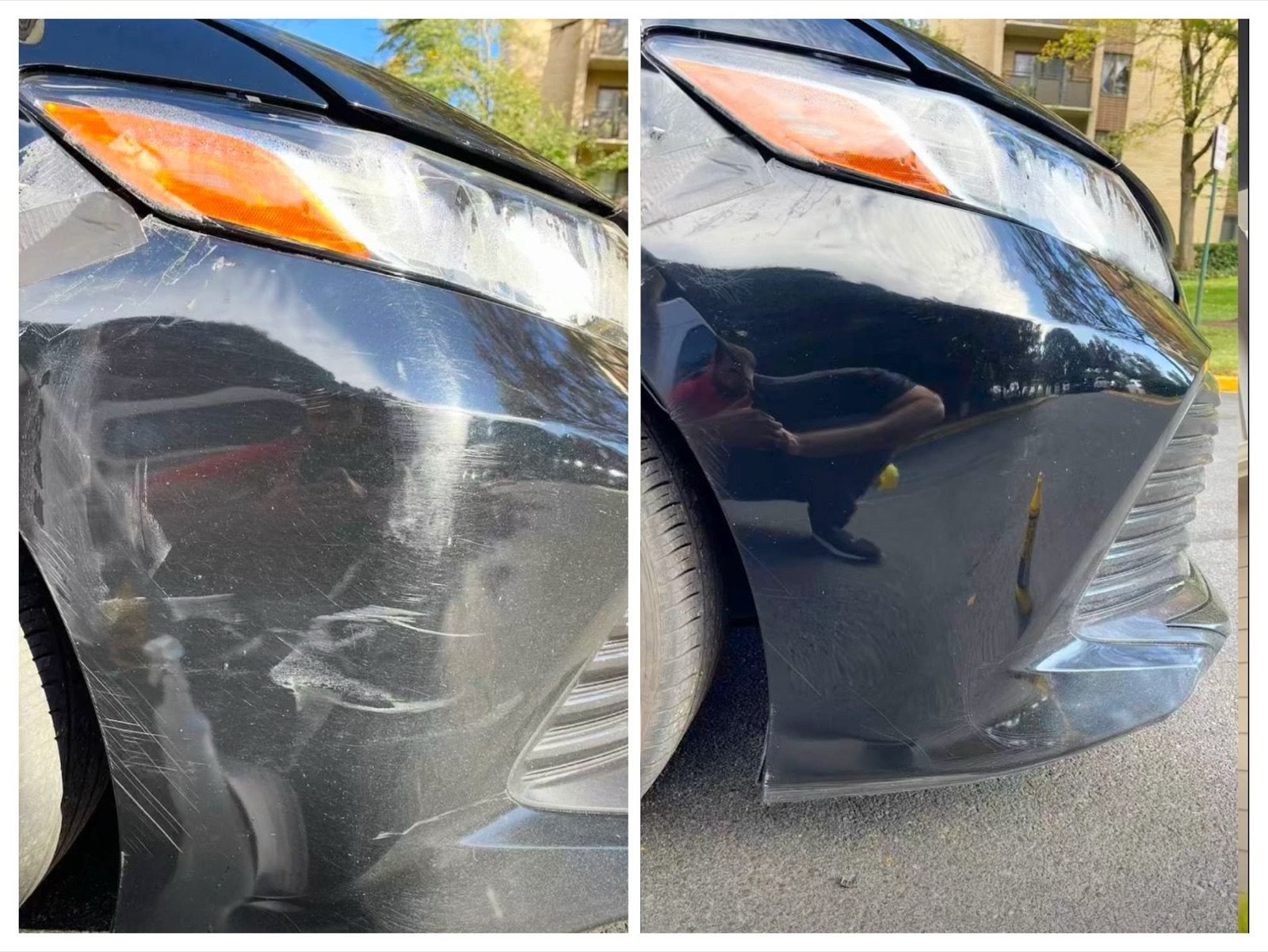 Deep scratch removal on a black sedan front fender — before and after