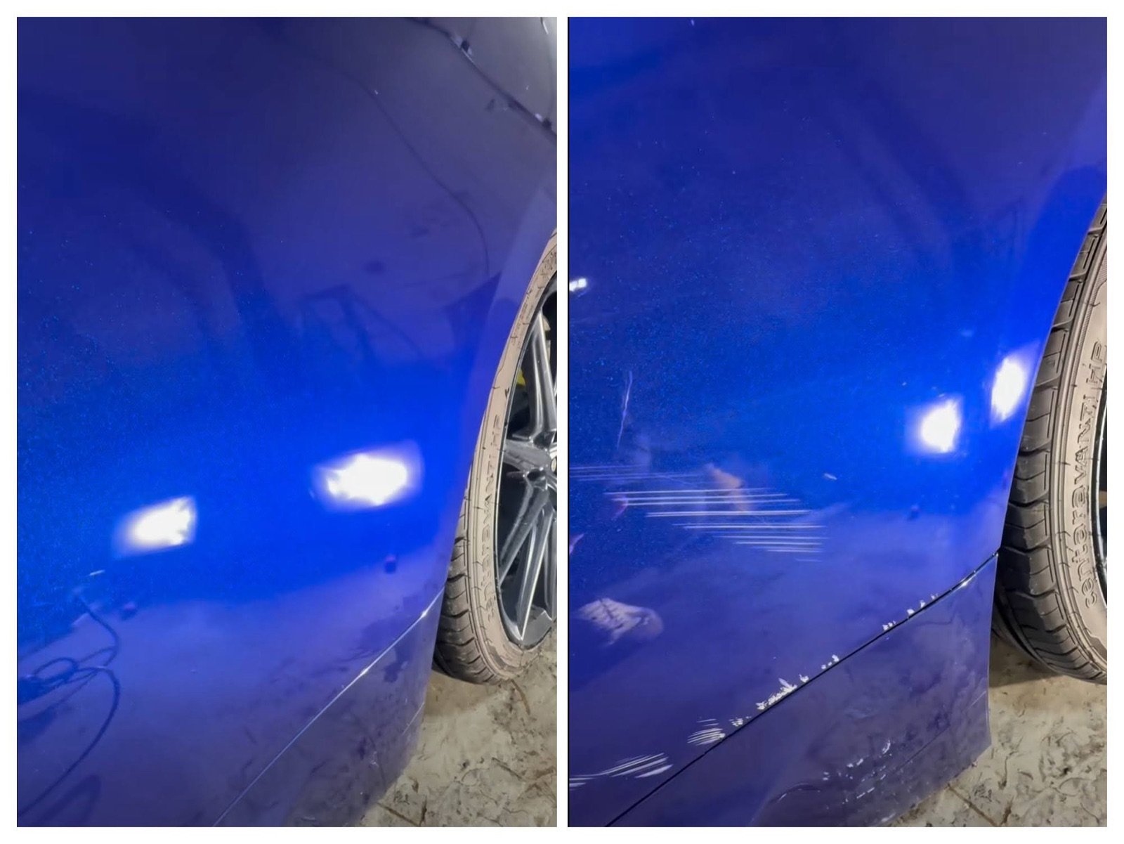 Scratch and swirl removal on a blue sedan panel — before and after