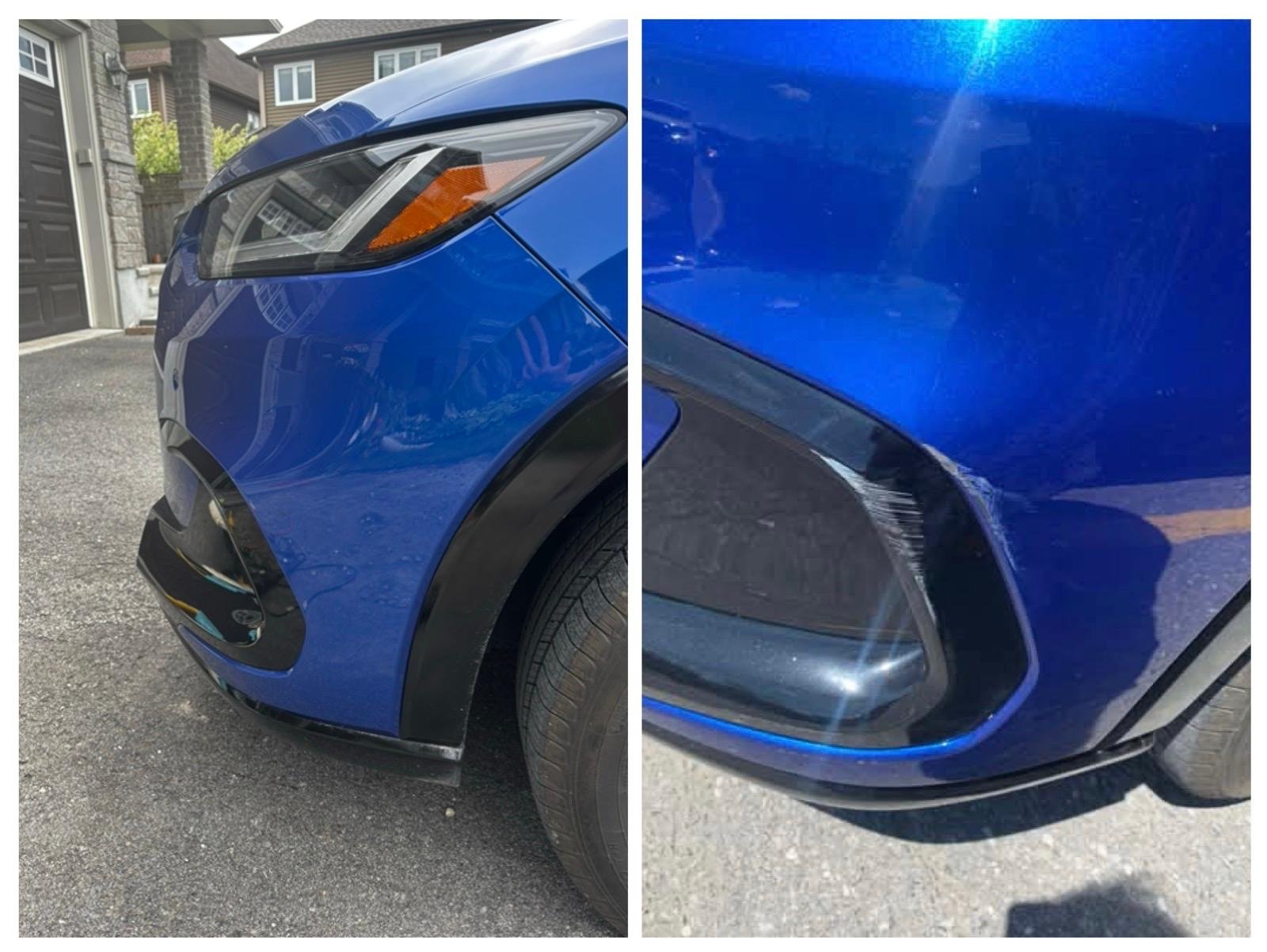 Scuff correction on a blue crossover front bumper — before and after