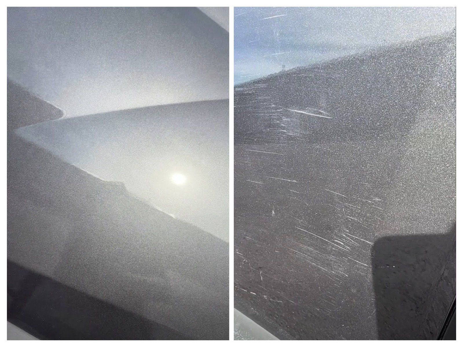 Scratch removal on a metallic grey panel — before and after