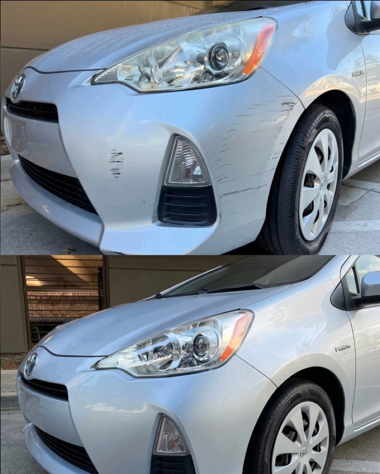 Scuff and scratch correction on a silver Toyota Prius c front corner — before and after